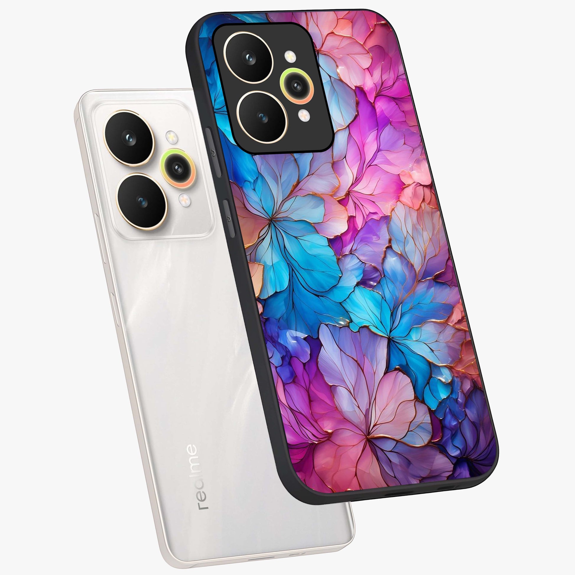 Radiant Floral Whirl Glass Case displayed in angled mockup highlighting vibrant flower pattern with dynamic artistic aesthetic.