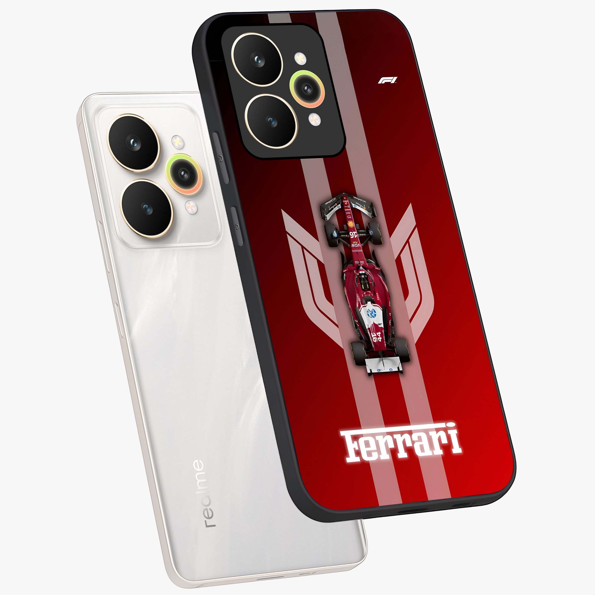 Red Ferrari F1 Vertical Glass Case displayed in angled mockup highlighting high speed racing design with bold automotive aesthetic.
