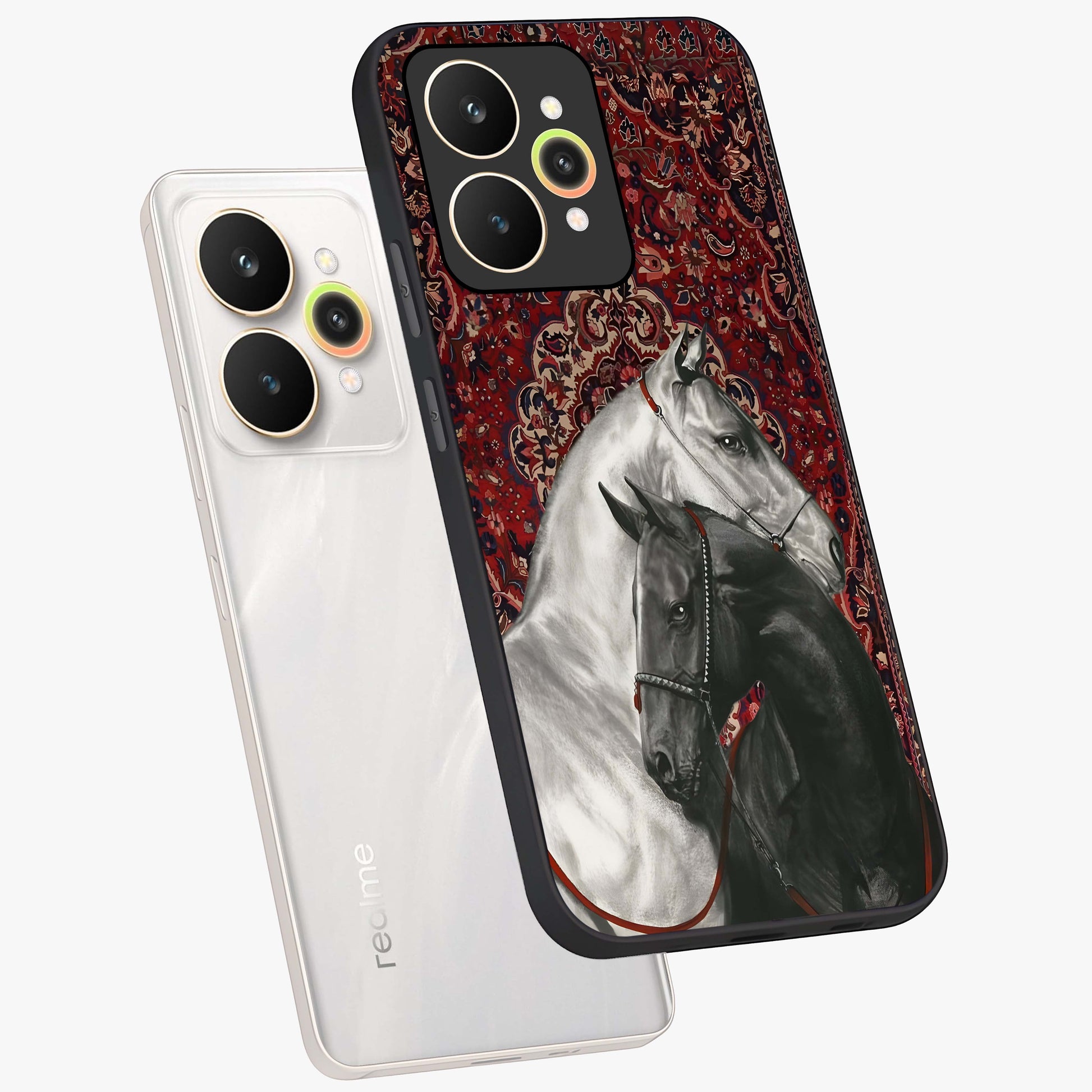 Regal Stallion Tapestry Glass Case displayed in angled mockup highlighting royal stallion design with decorative heritage aesthetic.