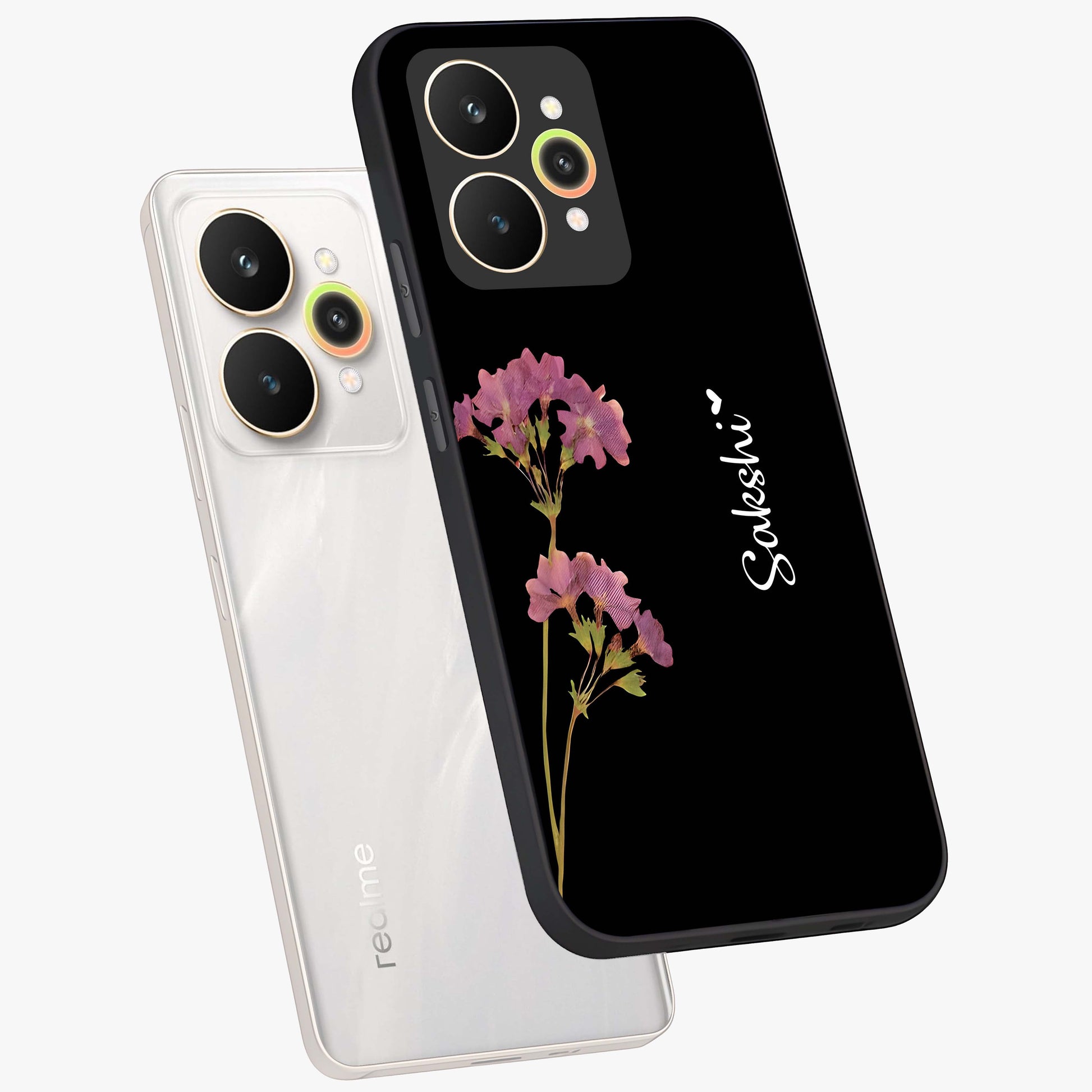 Riching Lavender Flower Custom Name Glass Case displayed in angled mockup highlighting delicate lavender flower design with custom name feature.