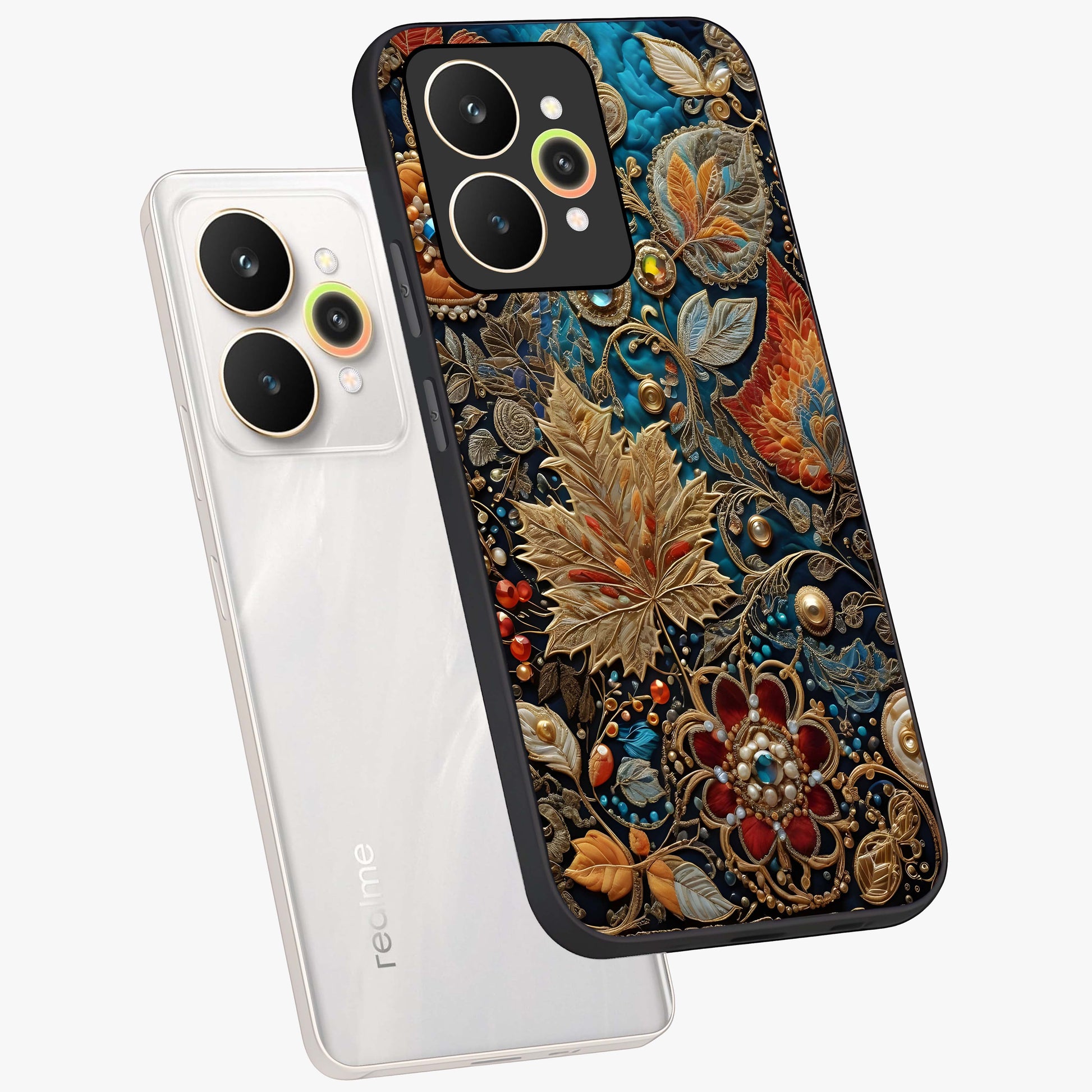 Royal Jewel Garden Glass Case displayed in angled mockup highlighting vibrant jewel inspired floral design with elegant aesthetic.