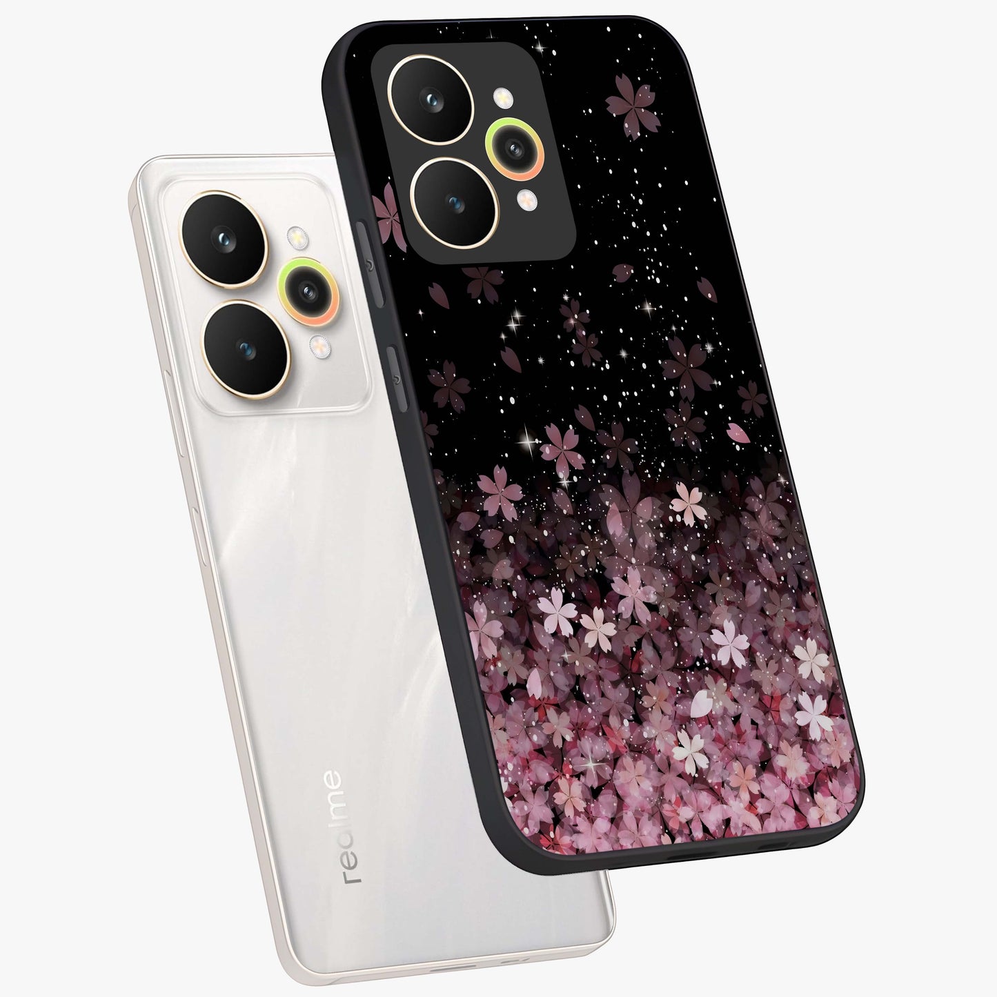 Small Starry Flowers Glass Case displayed in angled mockup highlighting tiny flower pattern with celestial aesthetic style.