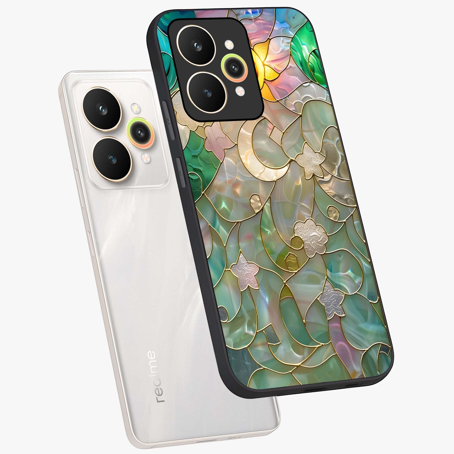 Stained Sunrise Glow Glass Case displayed in angled mockup highlighting radiant sunrise design with artistic aesthetic style.