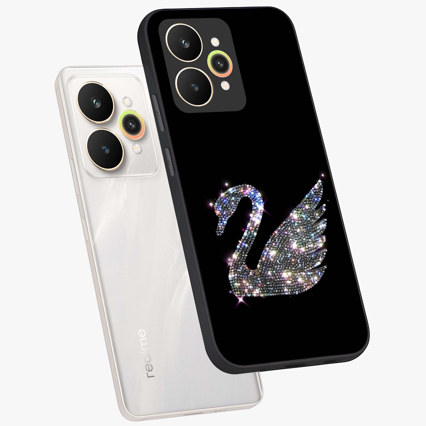 Starlit Swan Grace Glass Case displayed in angled mockup highlighting elegant swan illustration with dreamy celestial aesthetic.