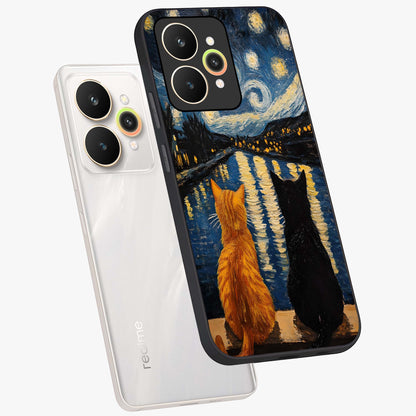 Starry River Cats Glass Case displayed in angled mockup highlighting charming feline illustration with dreamy night aesthetic.
