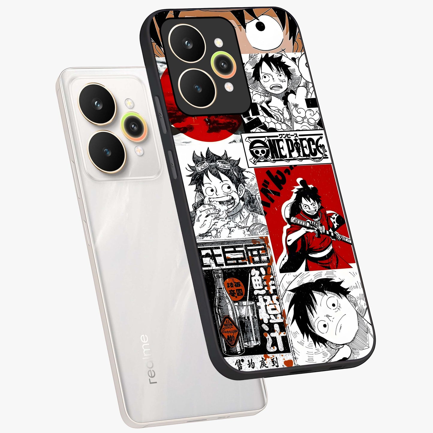 Strawhat Chaos Panels Glass Case displayed in angled mockup highlighting vibrant anime collage design with action aesthetic.