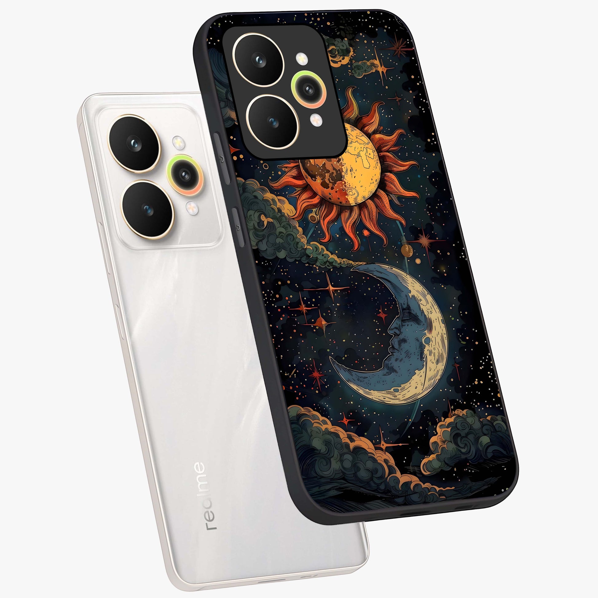 Sun And Moon Magic Design Glass Case displayed in angled mockup highlighting celestial design with magical cosmic aesthetic.
