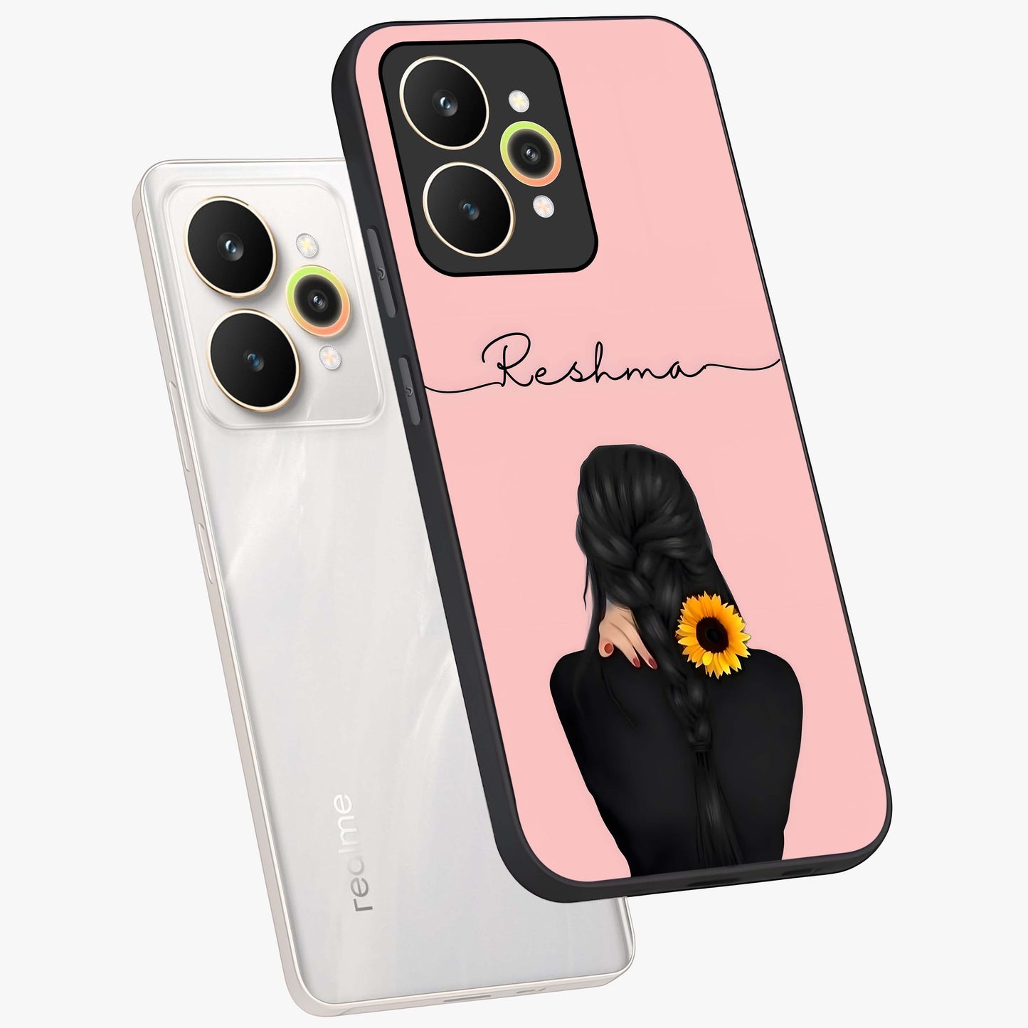 Sunflower Braid Beauty With Custom Name Glass Case displayed in angled mockup highlighting elegant sunflower design with custom name feature.