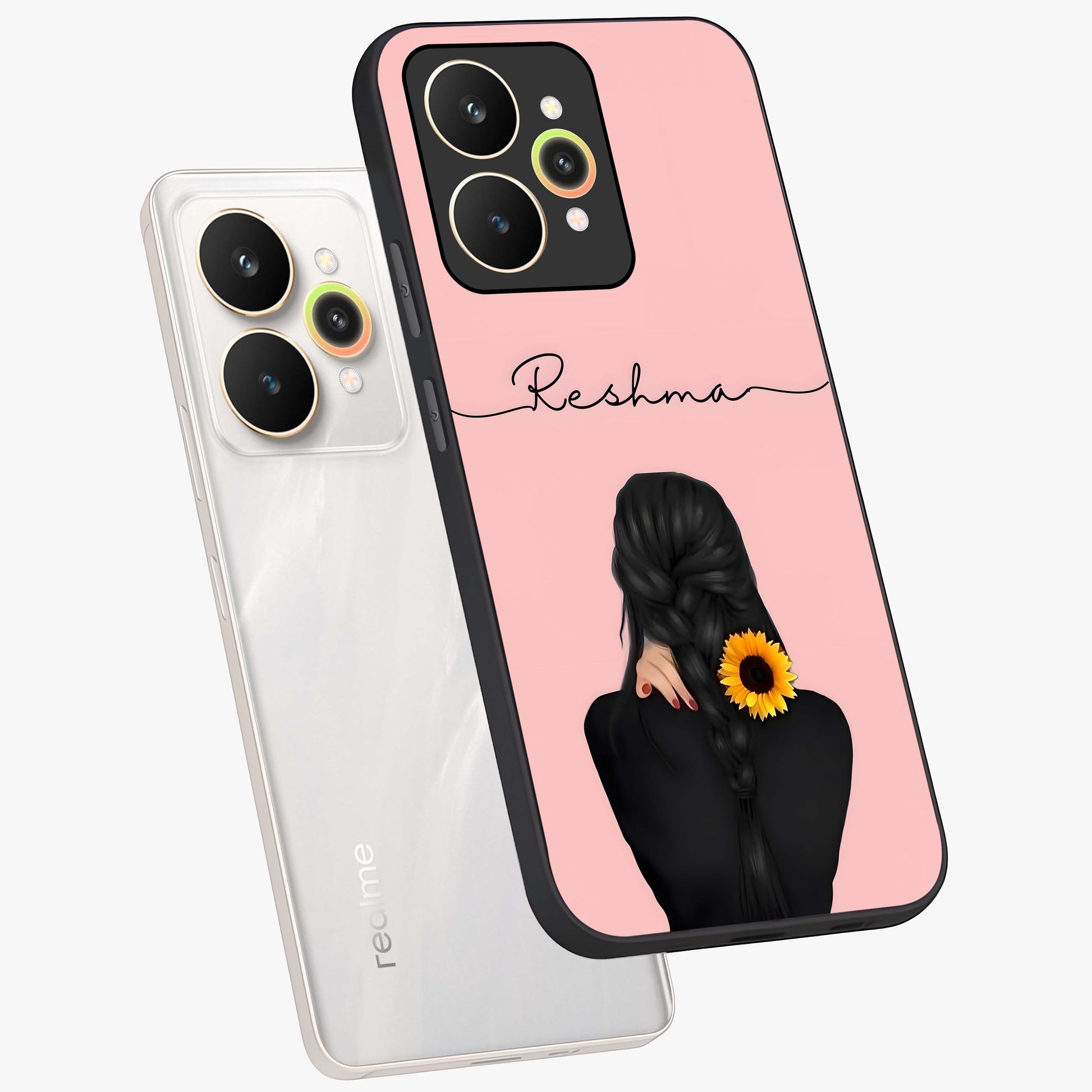 Sunflower Braid Beauty With Custom Name Glass Case displayed in angled mockup highlighting elegant sunflower design with custom name feature.