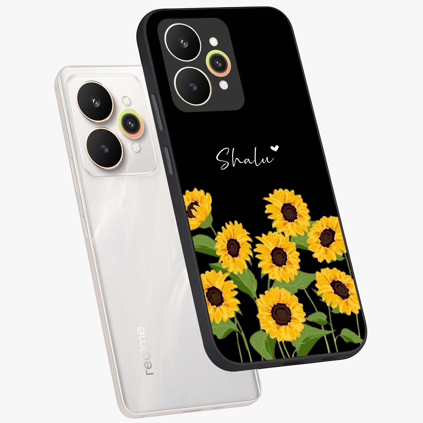 Sunflower Chic Mood Custom Name Glass Case displayed in angled mockup highlighting vibrant sunflower design with custom name feature.