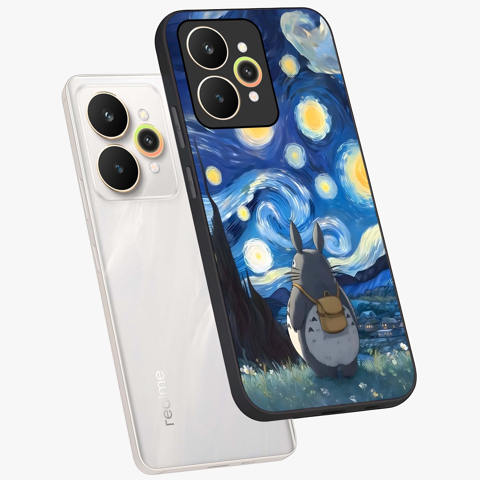 Totoro In Van Gogh Art Glass Case displayed in angled mockup highlighting artistic swirling sky design with playful animation aesthetic.
