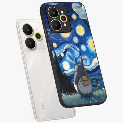 Totoro In Van Gogh Art Glass Case displayed in angled mockup highlighting artistic swirling sky design with playful animation aesthetic.