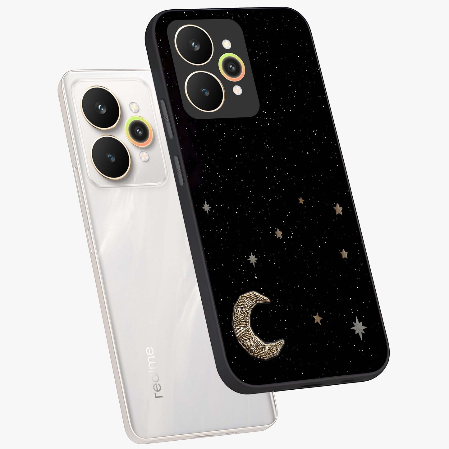 Twinkle Star With Half Moon Glass Case displayed in angled mockup highlighting celestial moon and star design with magical aesthetic.