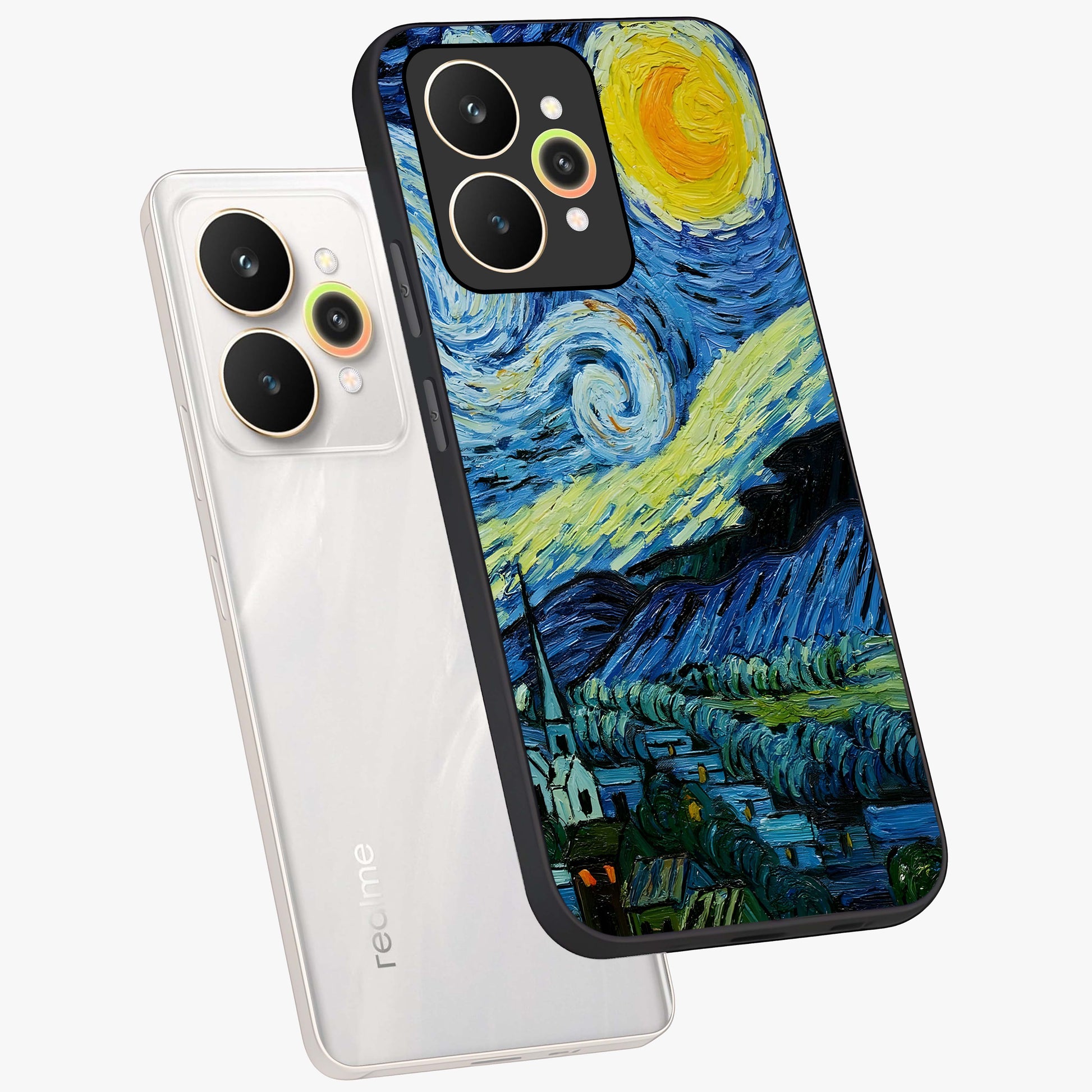 Van Gogh Art Glass Case displayed in angled mockup highlighting swirling brushstroke design with artistic aesthetic.