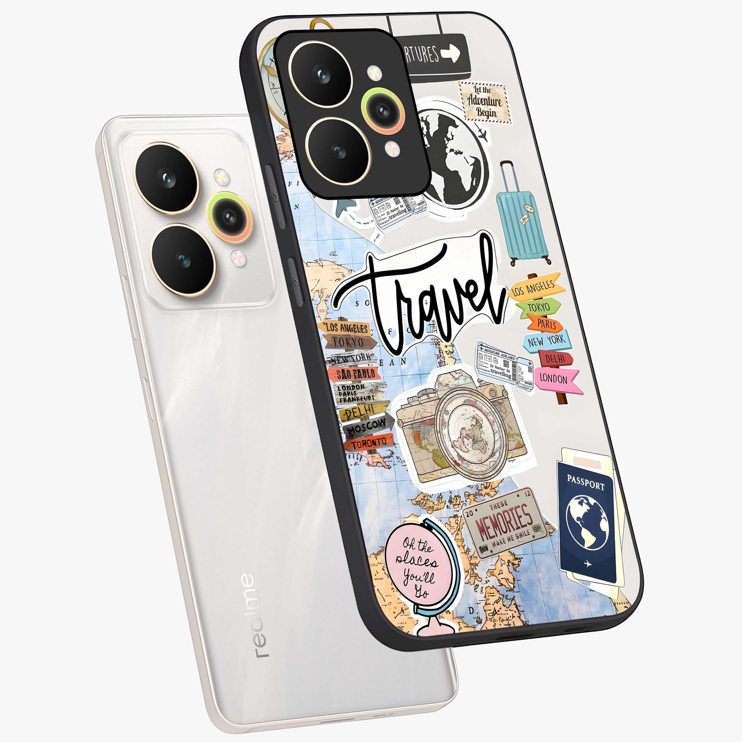 Wanderlust Journal Glass Case displayed in angled mockup highlighting adventure themed design with aesthetic travel vibe.