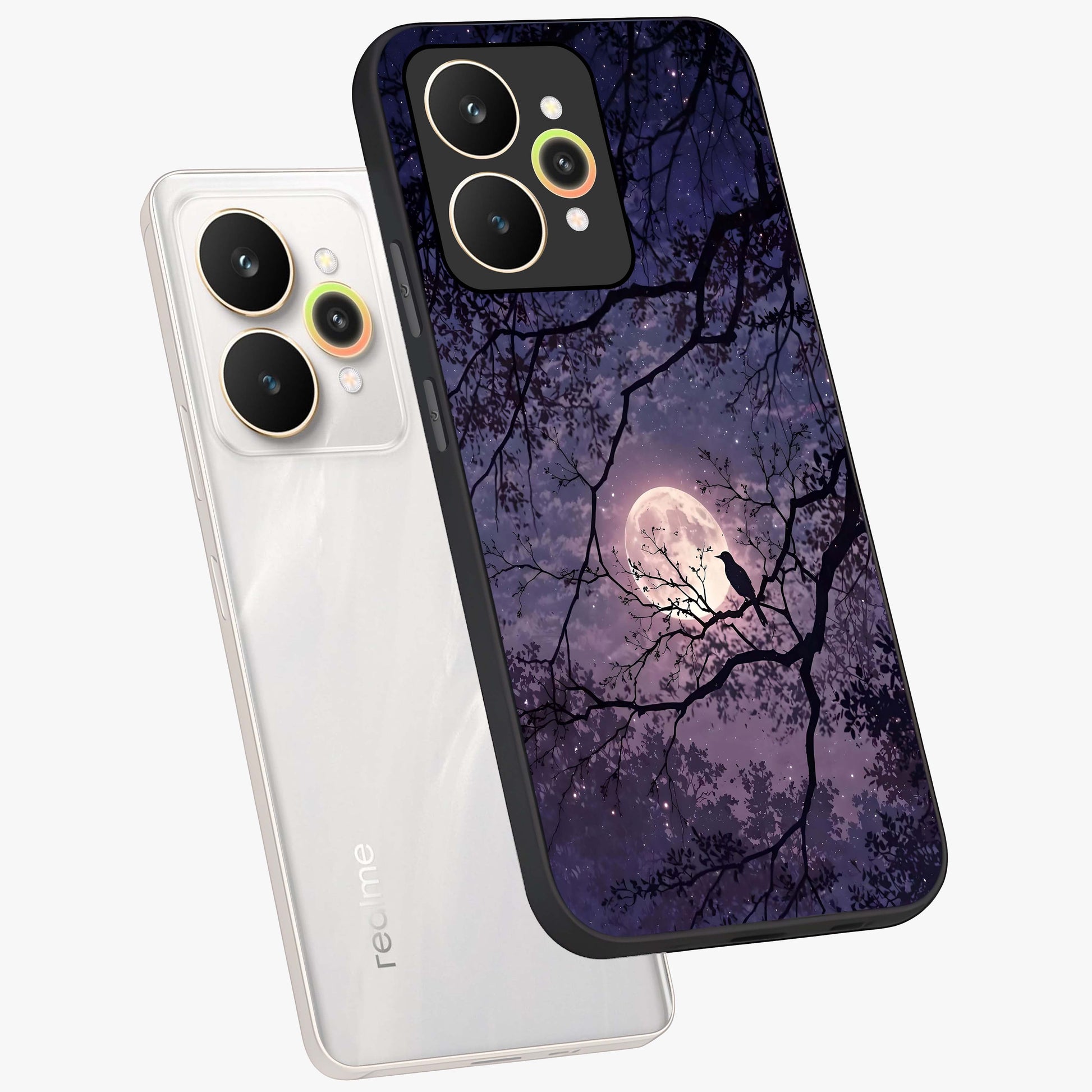 Whispering Moon Silence Glass Case displayed in angled mockup highlighting calm lunar design with dreamy night aesthetic.
