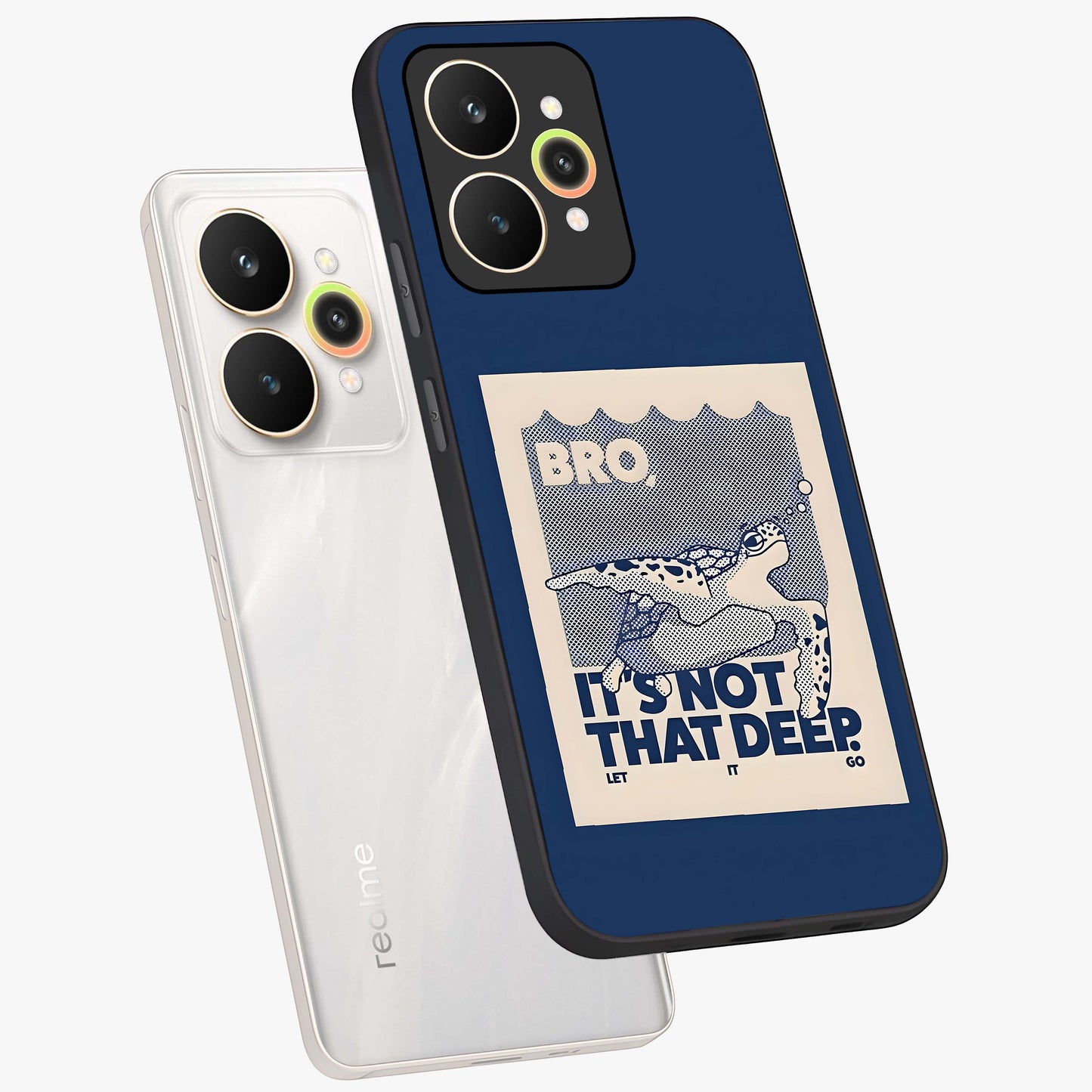 Worry Less Swim Glass Case displayed in angled mockup highlighting fun typography design with relaxed aesthetic style.