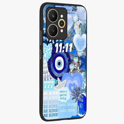 Aesthetic Be Kind Eye Glass Case upright view showcasing stylish eye illustration with positive message theme.