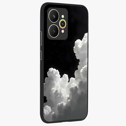 Black Background With White Cloud Glass Case upright view showcasing calm cloud aesthetic with modern minimal style.