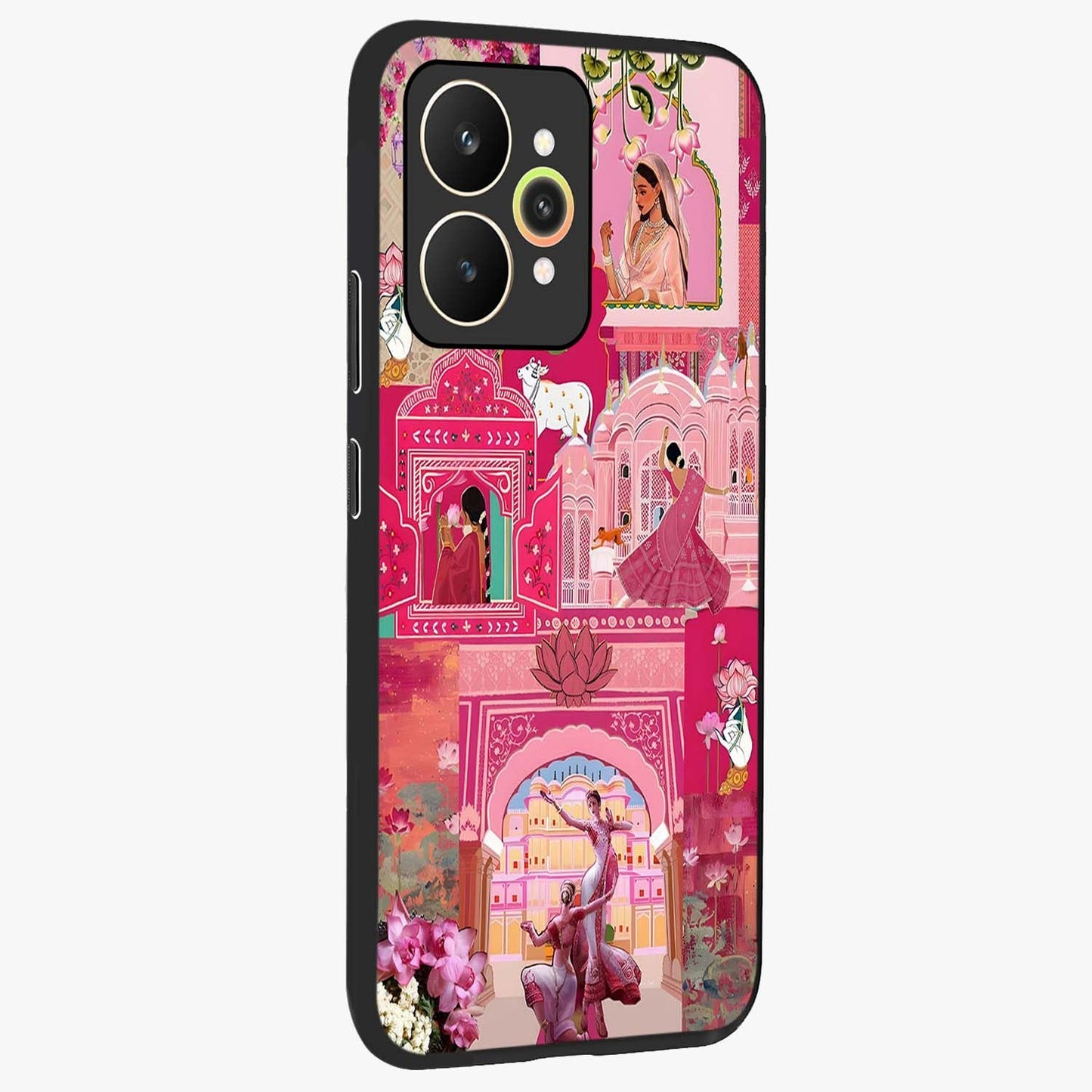 Blossoms of Rajasthan Glass Case upright view showcasing colorful floral design inspired by traditional Indian art.