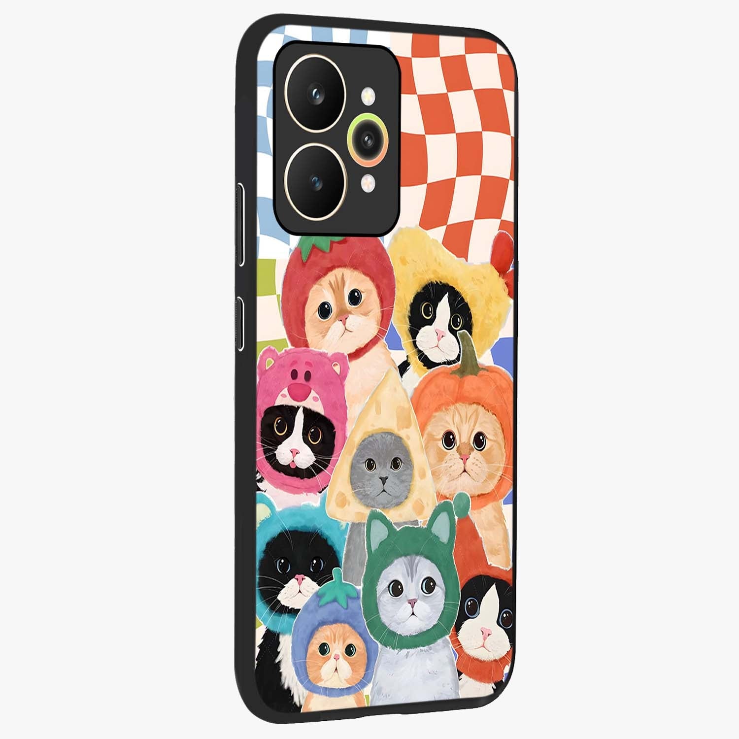 Cats in Fruits Glass Case upright view showcasing charming cat artwork with fun fruity theme.