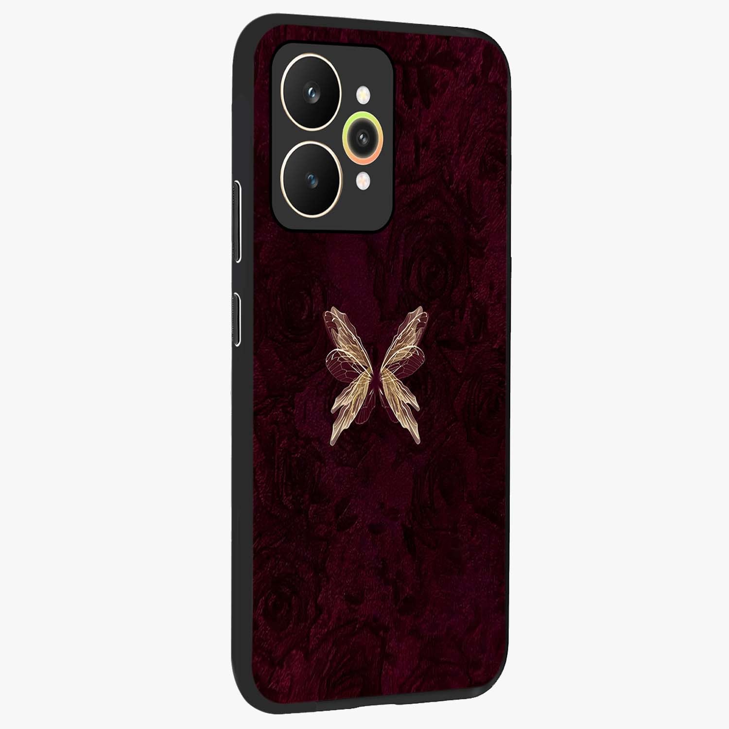 Crimson Fade Butterfly Glass Case upright view showcasing graceful butterfly artwork with soft crimson fade effect.