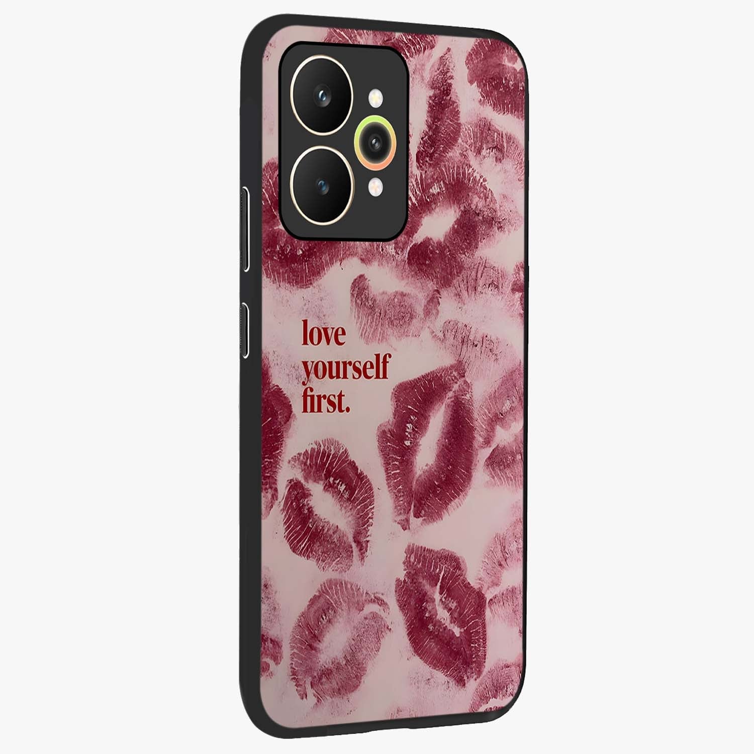 Crimson Kiss Love Glass Case upright view showcasing expressive romantic artwork with deep crimson theme.
