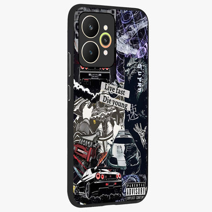 Die Young Glass Case upright view showcasing striking typography artwork with modern statement theme.