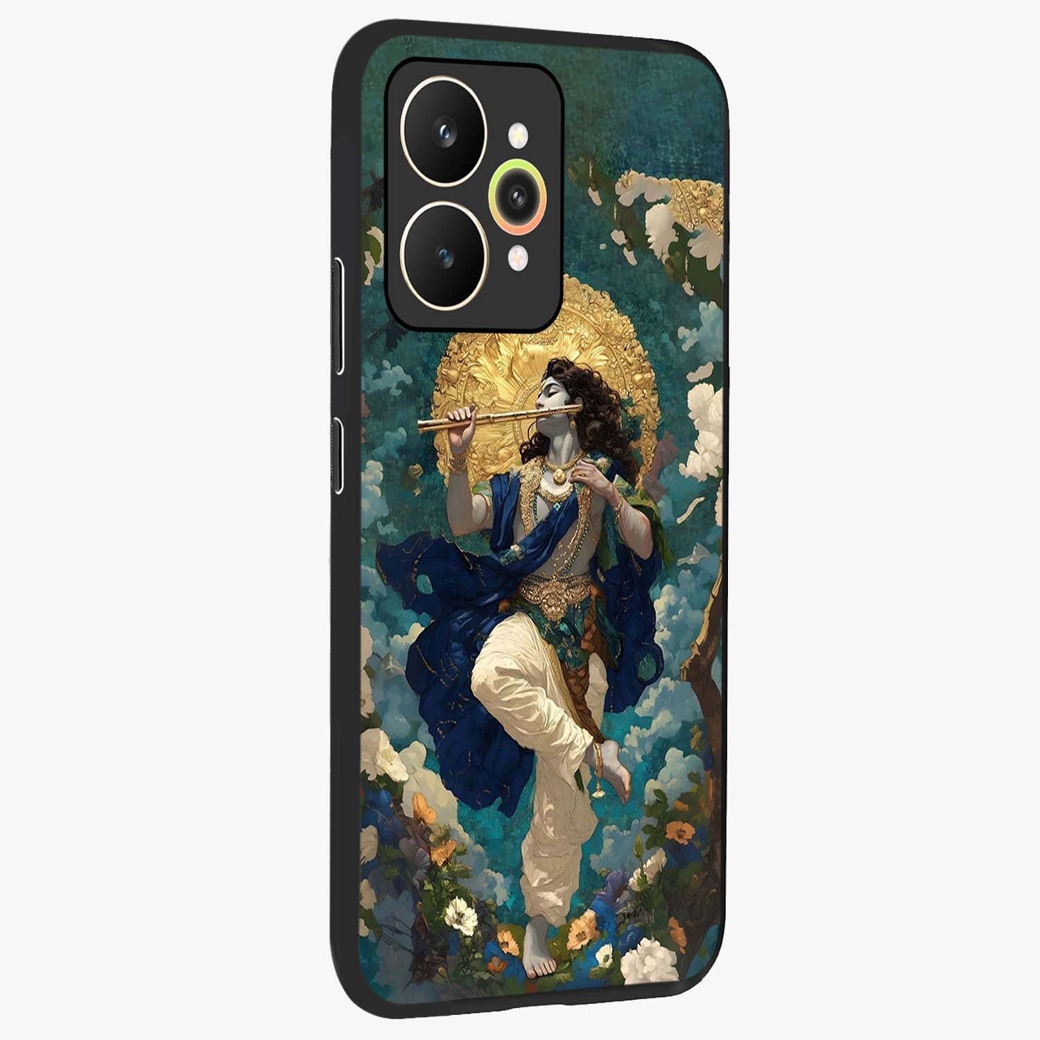 Divine Krishna Art Glass Case upright view showcasing divine Krishna artwork with sacred artistic theme.