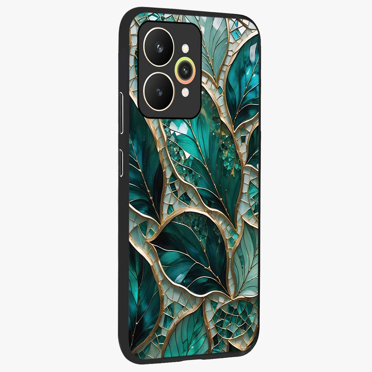 Emerald Leaf Glass Glass Case upright view showcasing fresh green leaf artwork with calming nature inspired style.