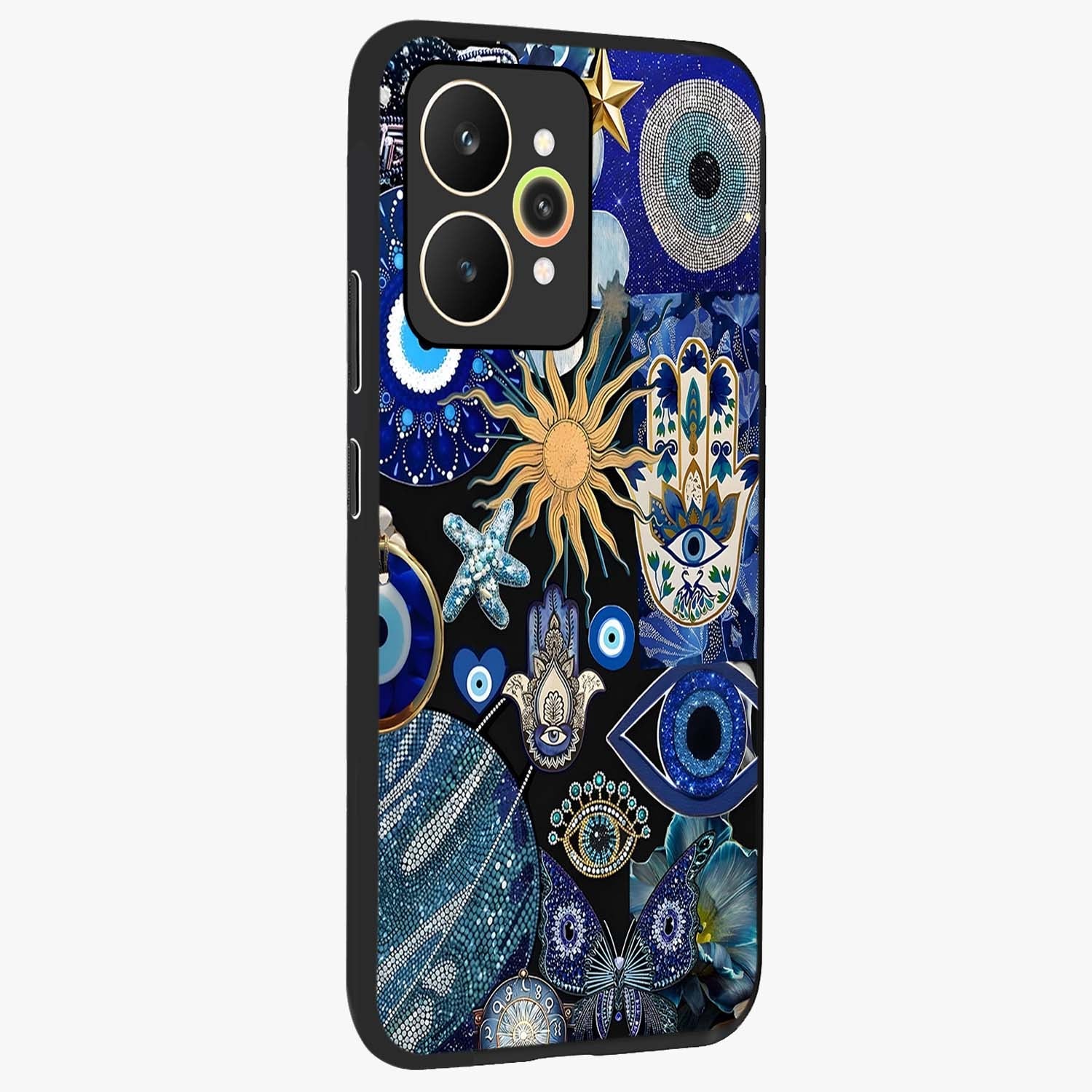 Evil Eye Charm Mix Glass Case upright view showcasing mystical evil eye pattern with vibrant decorative style.