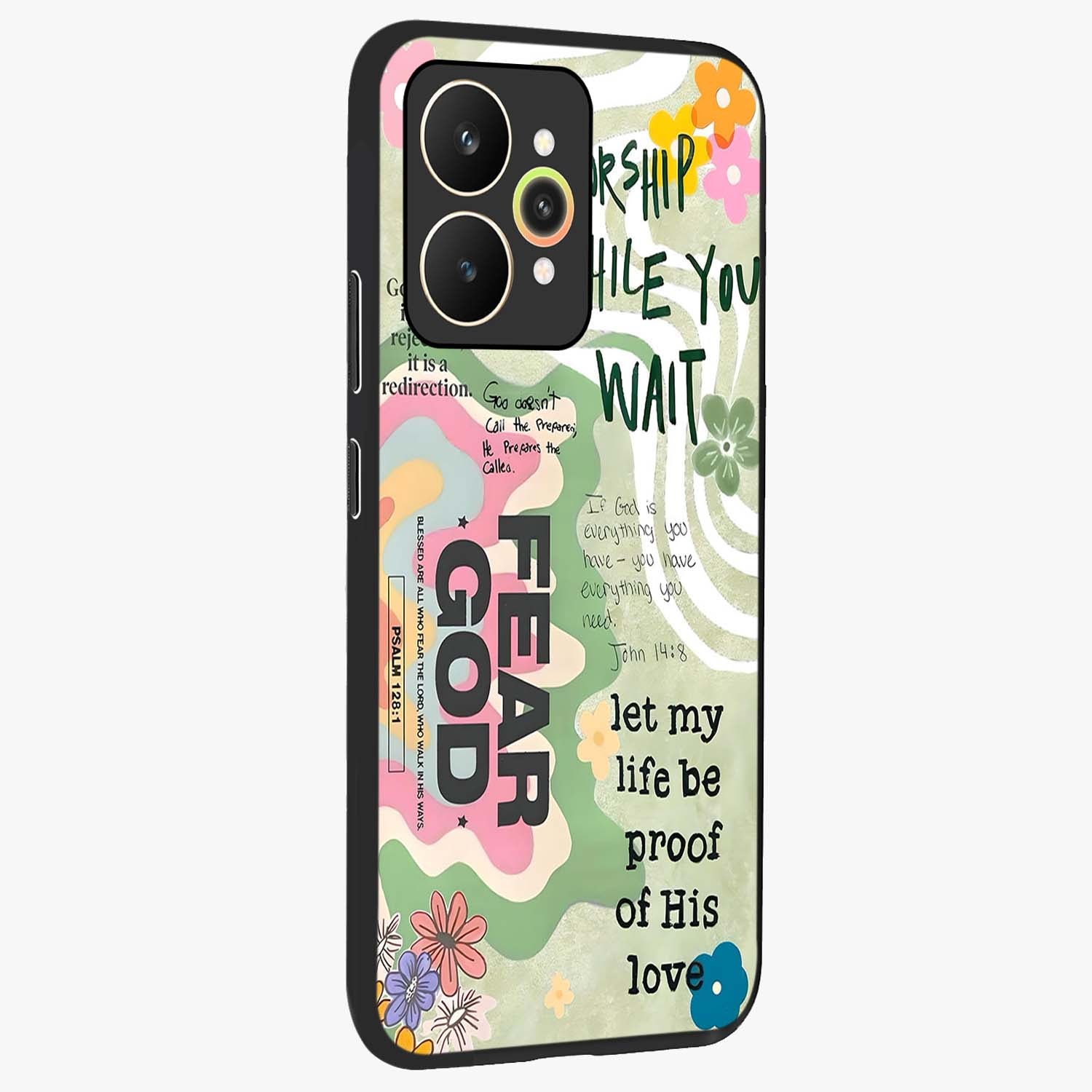 Faith Over Fear Glass Case upright view showcasing bold typography artwork with uplifting motivational theme.