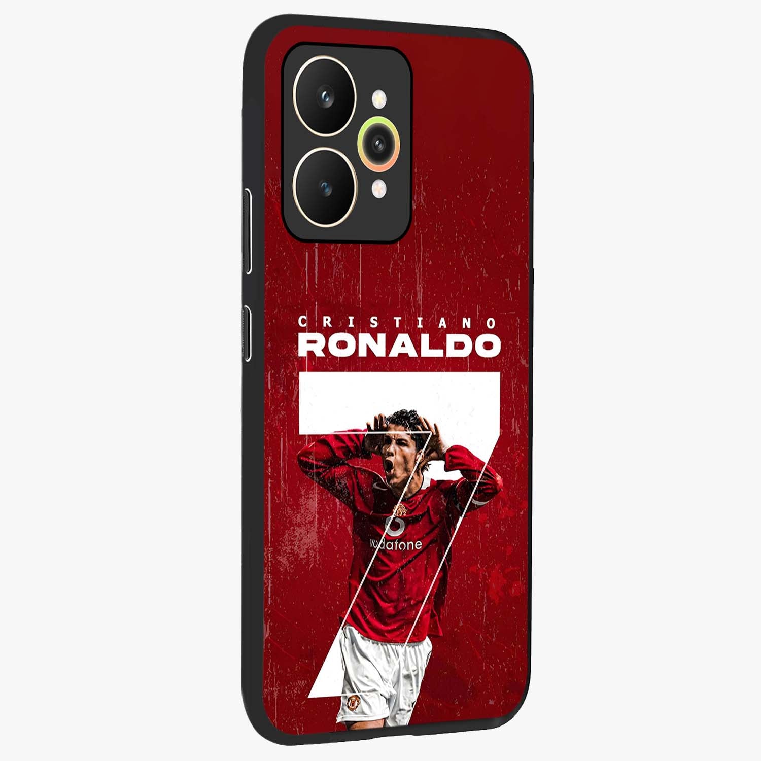 Goal Celebration Legacy Glass Case upright view showcasing dynamic football inspired artwork with victory celebration aesthetic.