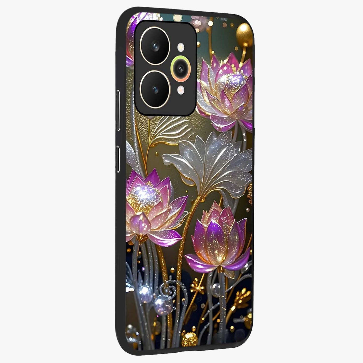 Golden Floral Majesty Glass Case upright view showcasing majestic floral artwork with rich decorative theme.
