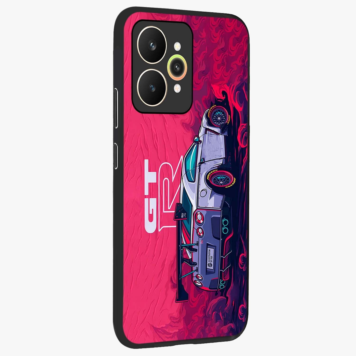 GT-R Car Pattern Glass Case upright view showcasing dynamic car pattern artwork with modern sports theme.