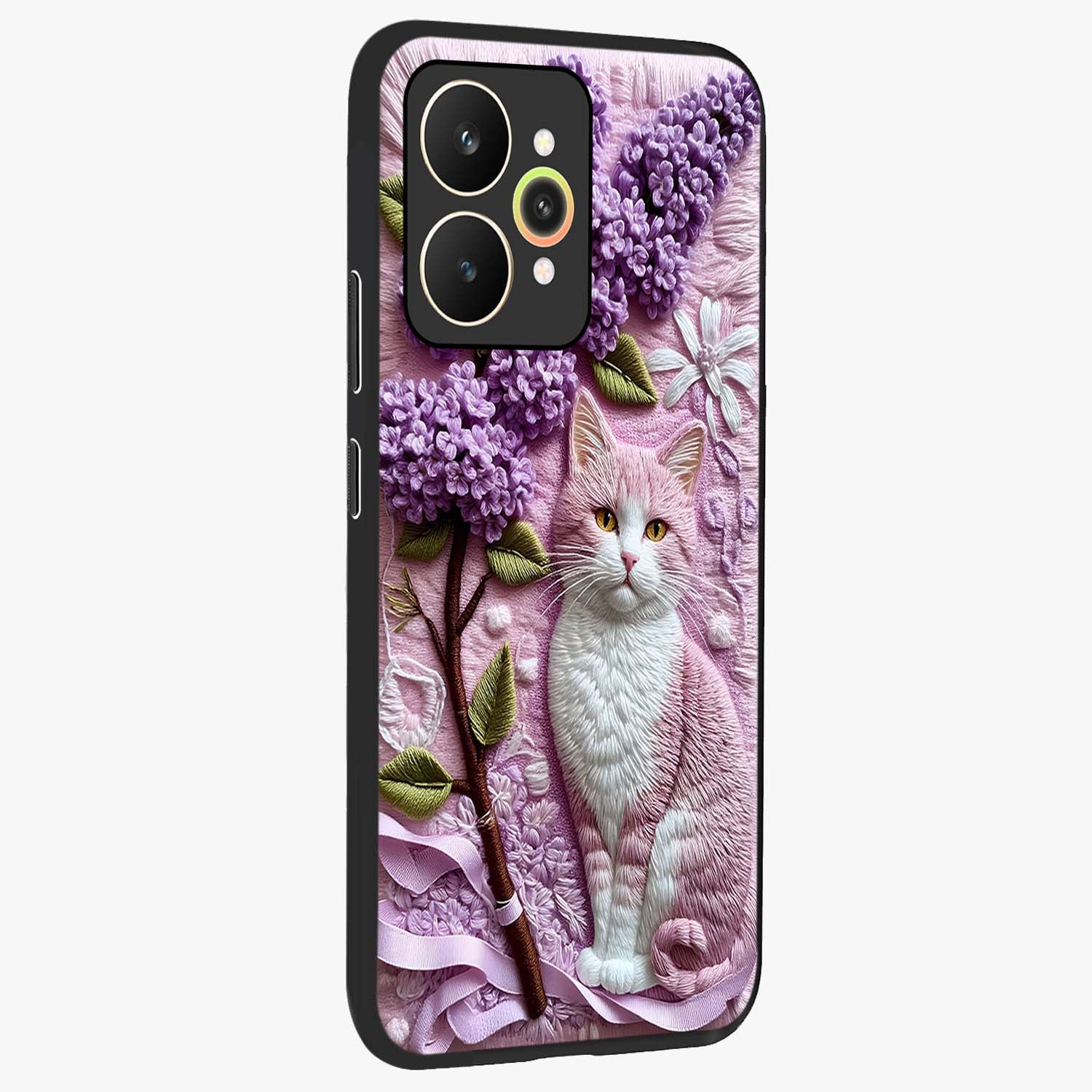 Lavender Cat Whimsy Glass Case upright view showcasing charming cat artwork with whimsical lavender theme.
