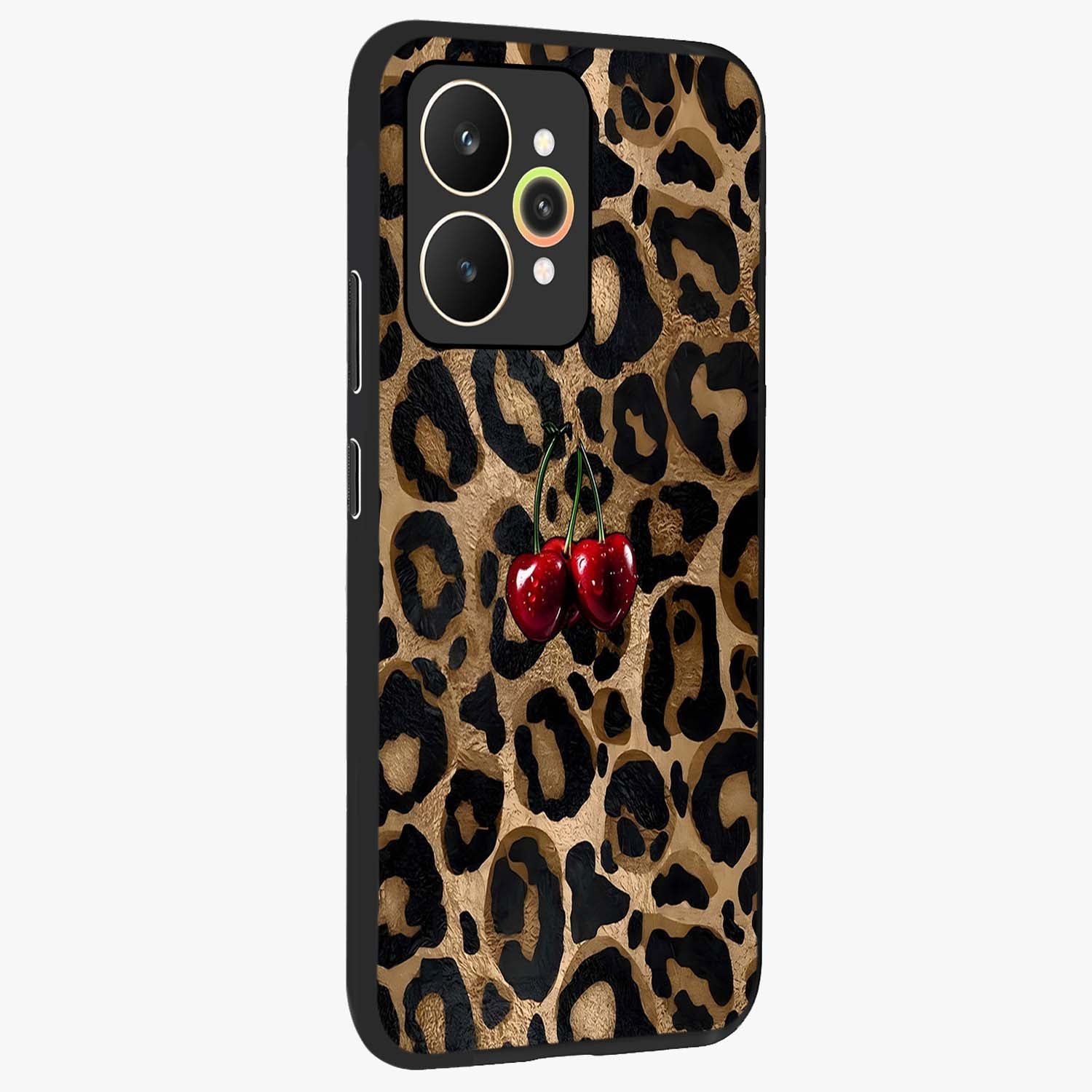 Leopard Wild Cherry Glass Case upright view showcasing stylish leopard pattern artwork with trendy fashion theme.