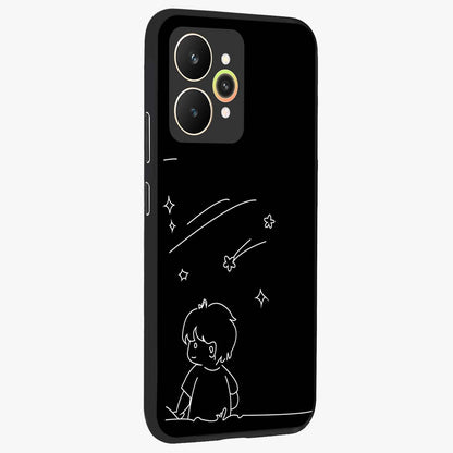 Line Art Boy With Shooting Stars Glass Case upright view showcasing artistic shooting star illustration with minimal style.