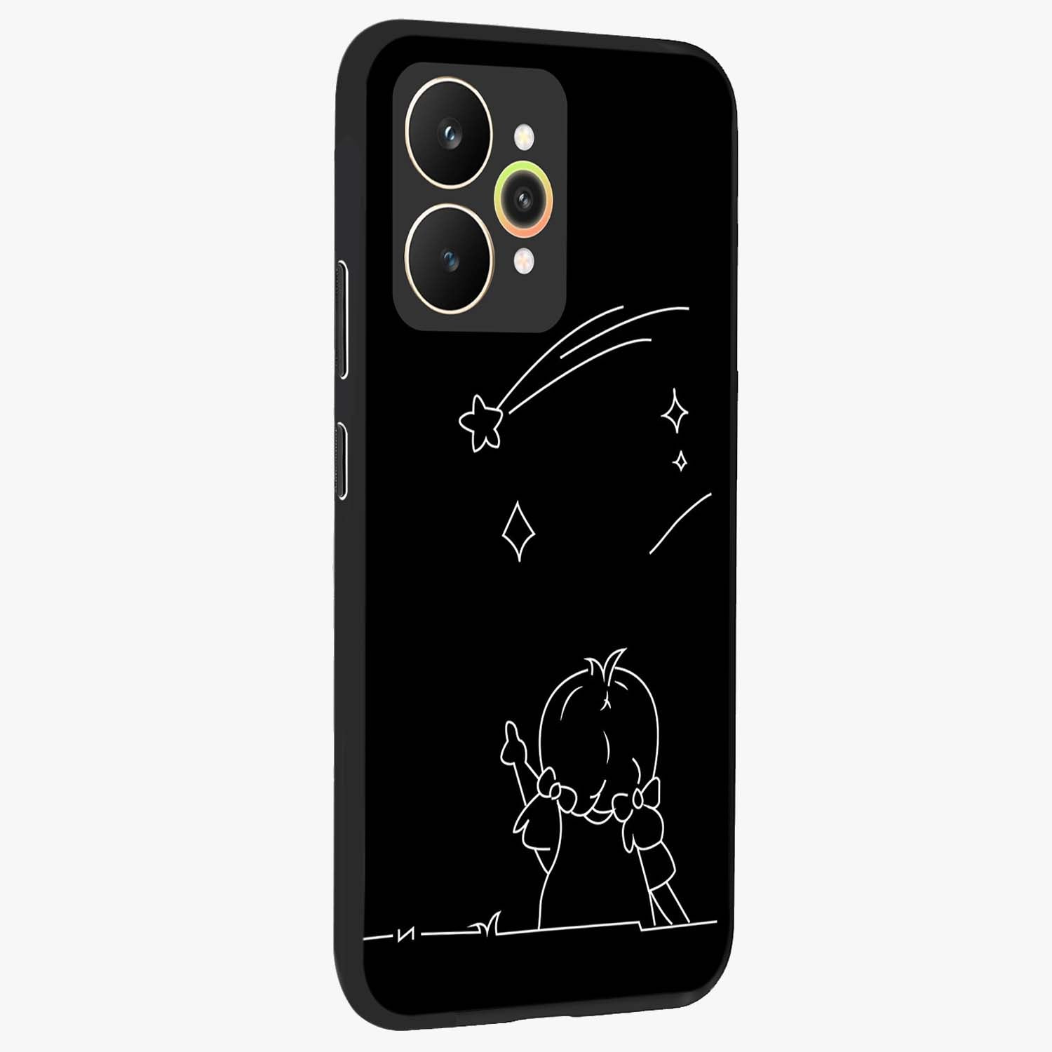 Line Art Girl With Shooting Stars Glass Case upright view showcasing delicate shooting stars artwork with minimal artistic theme.