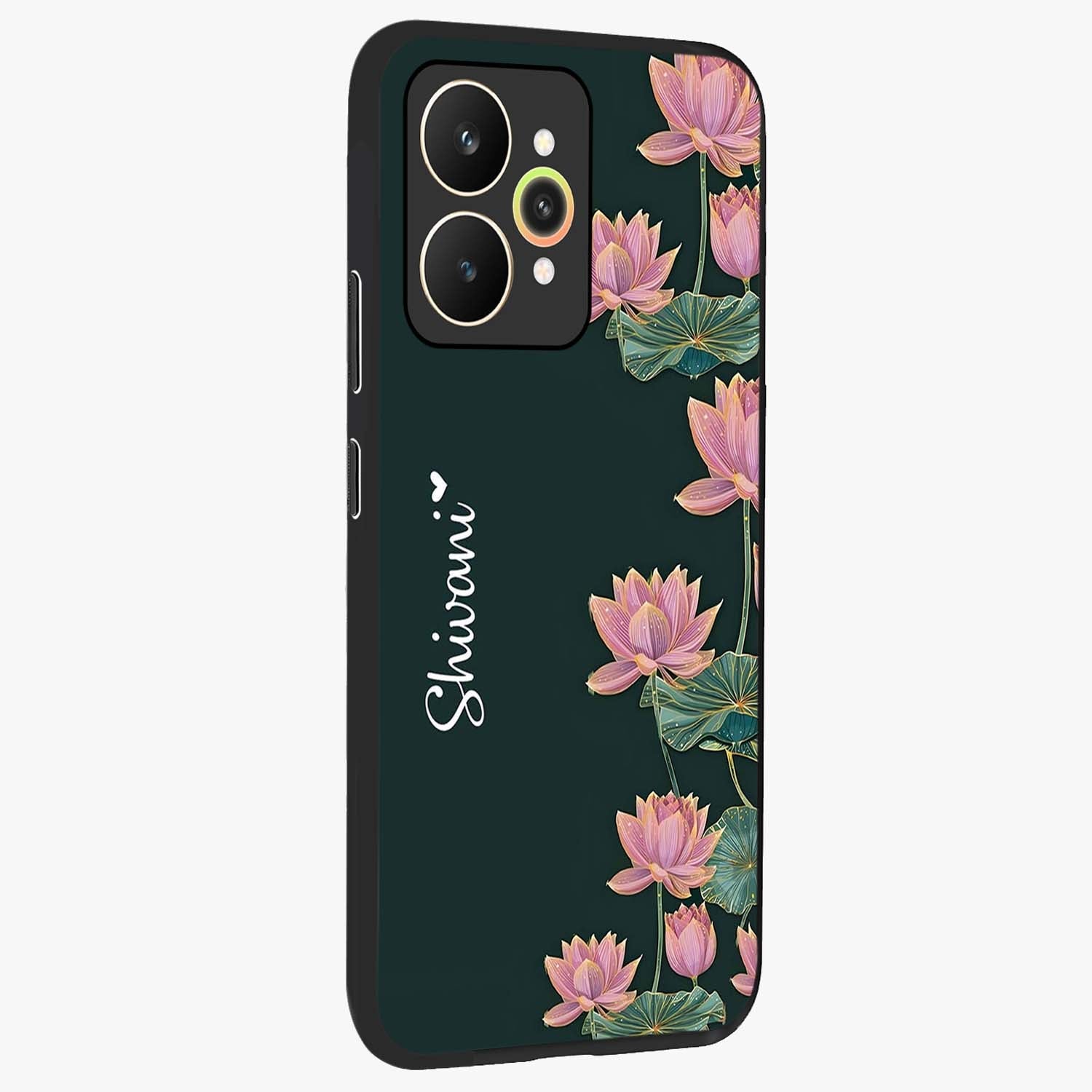 Lotus Bloom Serenity Custom Name Glass Case upright view showcasing serene lotus bloom artwork with personalized floral aesthetic.