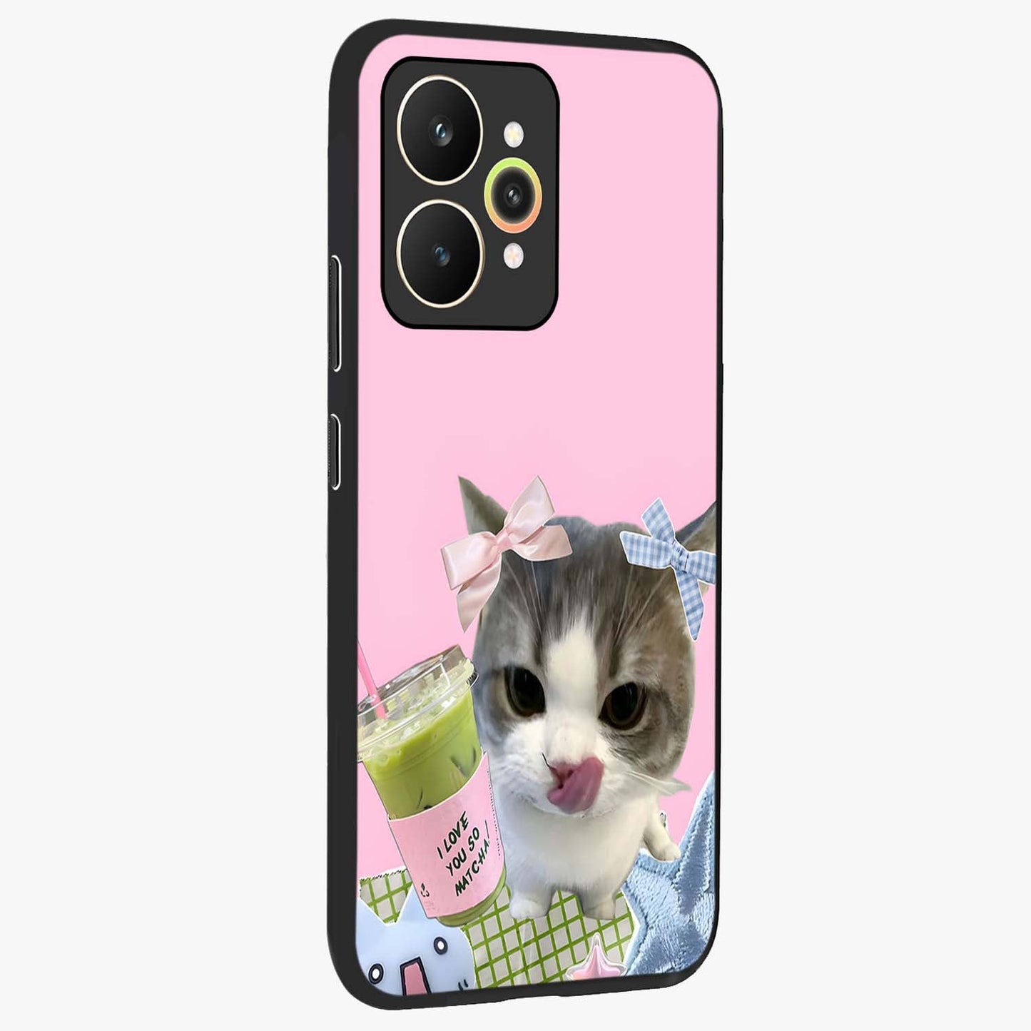 Love Matcha Cat Glass Case upright view showcasing adorable cat artwork with charming matcha themed design.