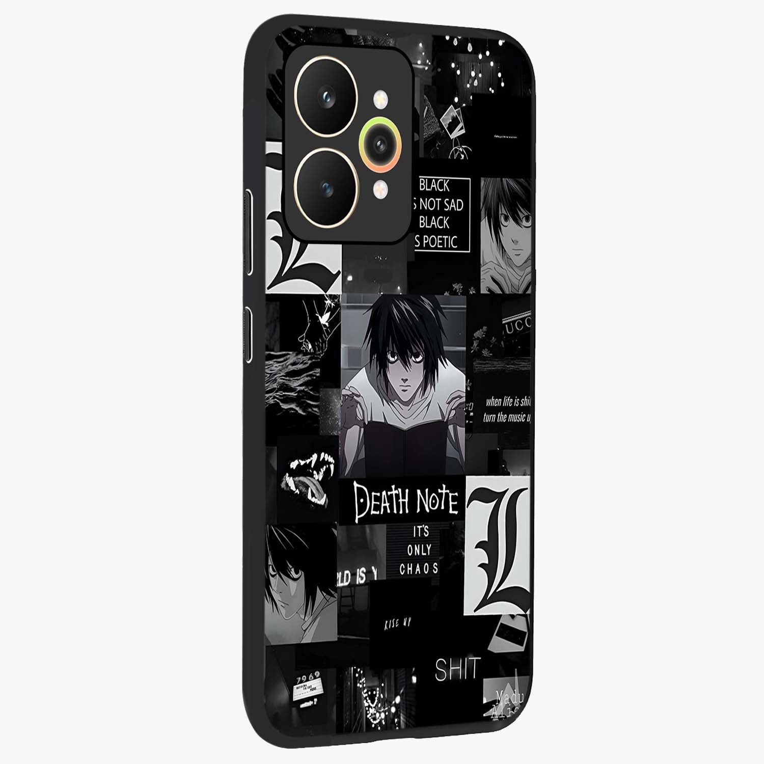 Midnight Chaos Mind Glass Case upright view showcasing expressive abstract artwork with bold dark theme.