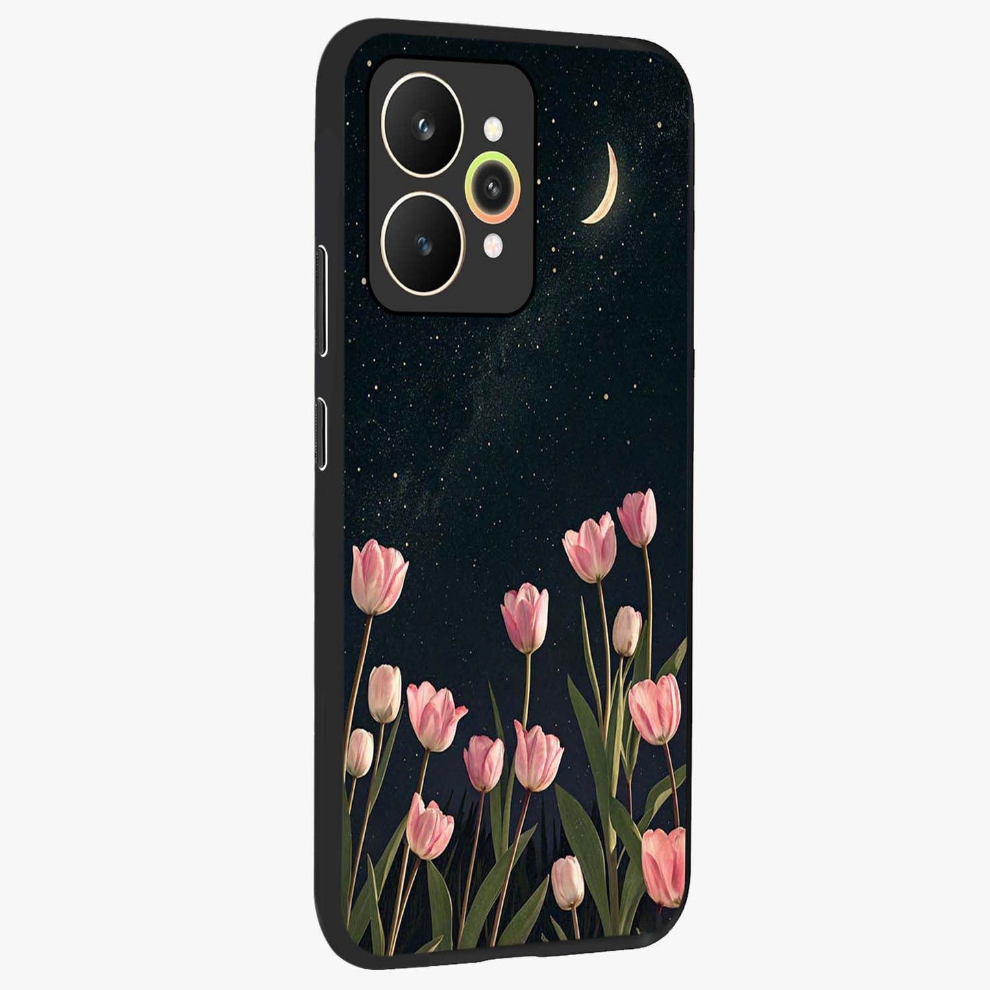 Midnight Tulip Whispers Vibe Glass Case upright view showcasing graceful tulip artwork with calm botanical theme.
