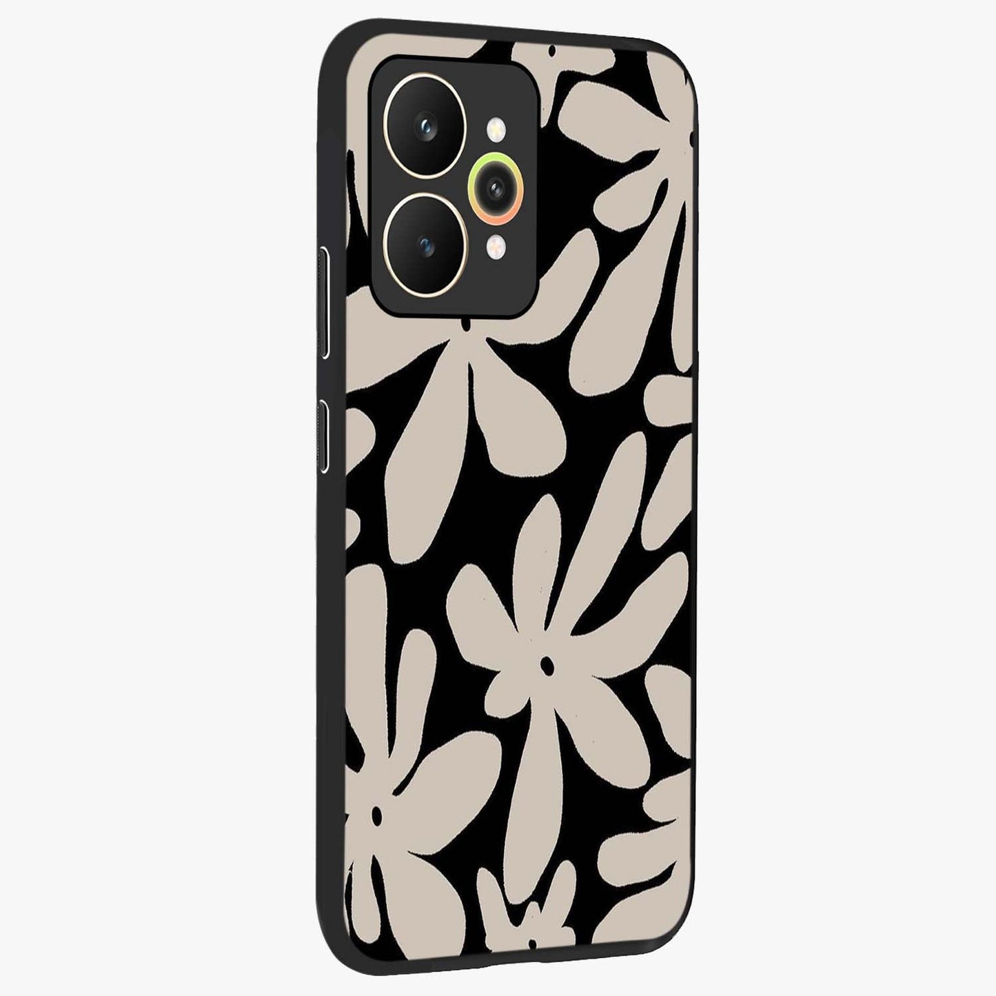 Monochrome Petal Dance Glass Case upright view showcasing artistic floral pattern with stylish monochrome theme.
