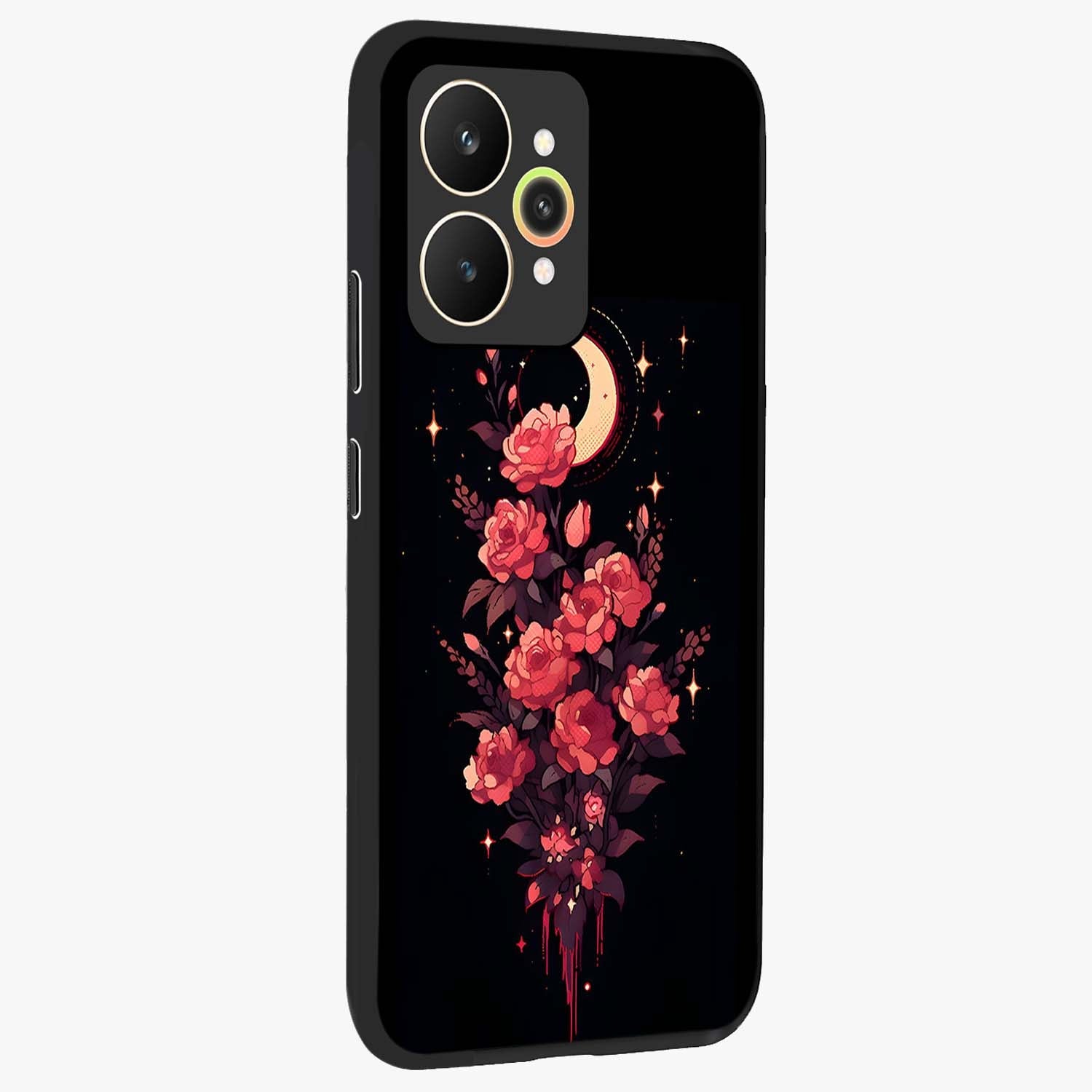 Moonlit Floral Elegance Glass Case upright view showcasing delicate floral artwork with refined night inspired theme.
