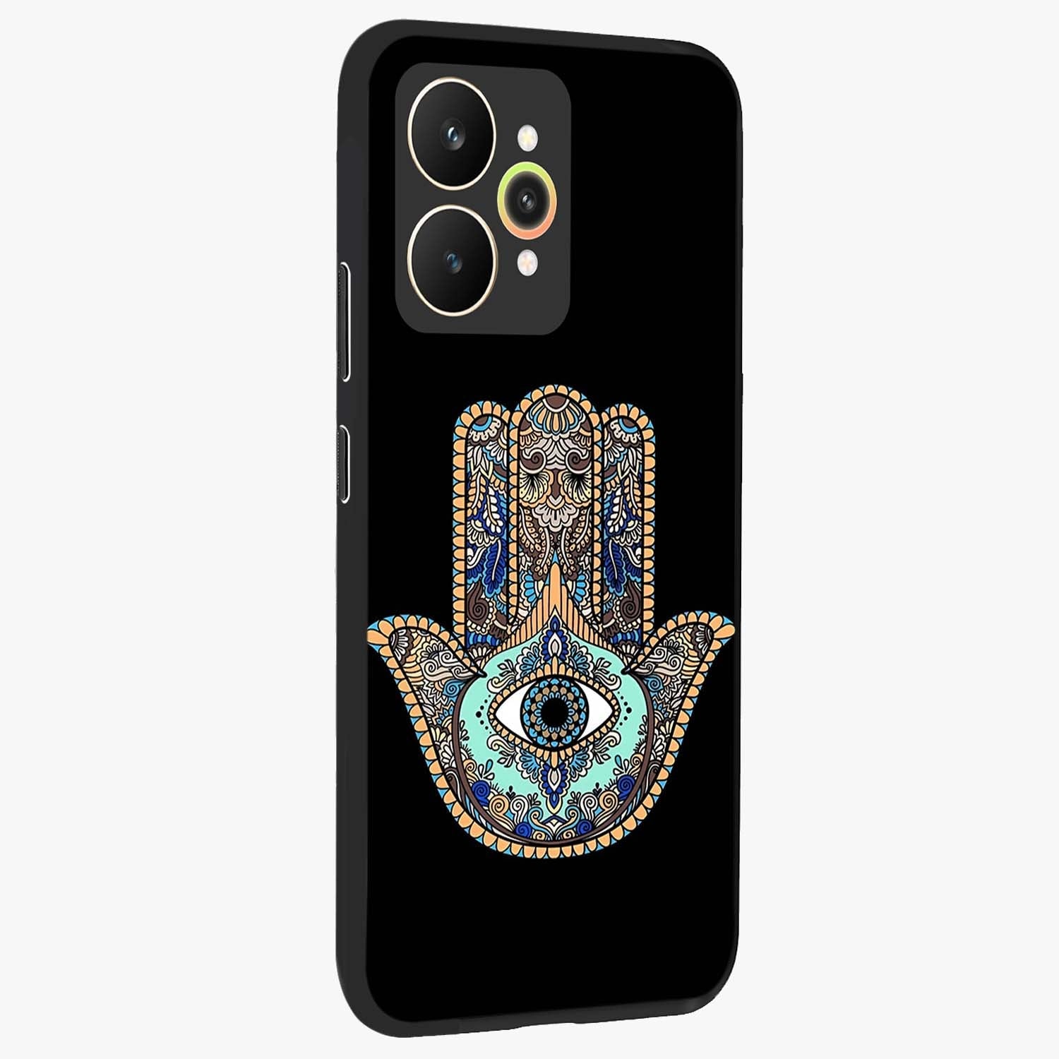 Mystic Hamsa Eye Glass Case upright view showcasing detailed hamsa eye artwork with protective spiritual theme.