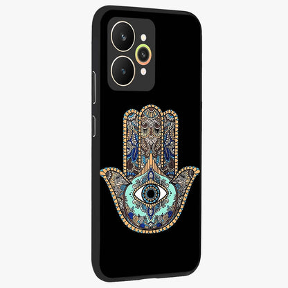 Mystic Hamsa Eye Glass Case upright view showcasing detailed hamsa eye artwork with protective spiritual theme.