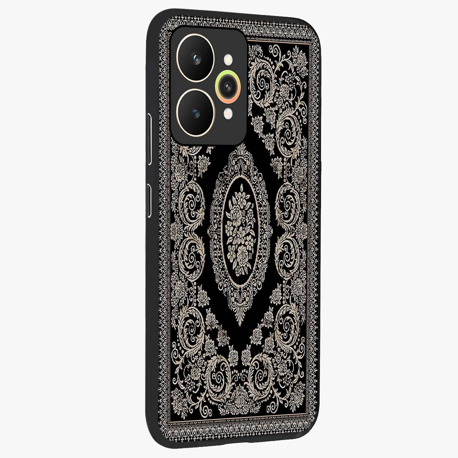 Noir Bloom Elegance Glass Case upright view showcasing graceful floral artwork with luxurious dark theme.