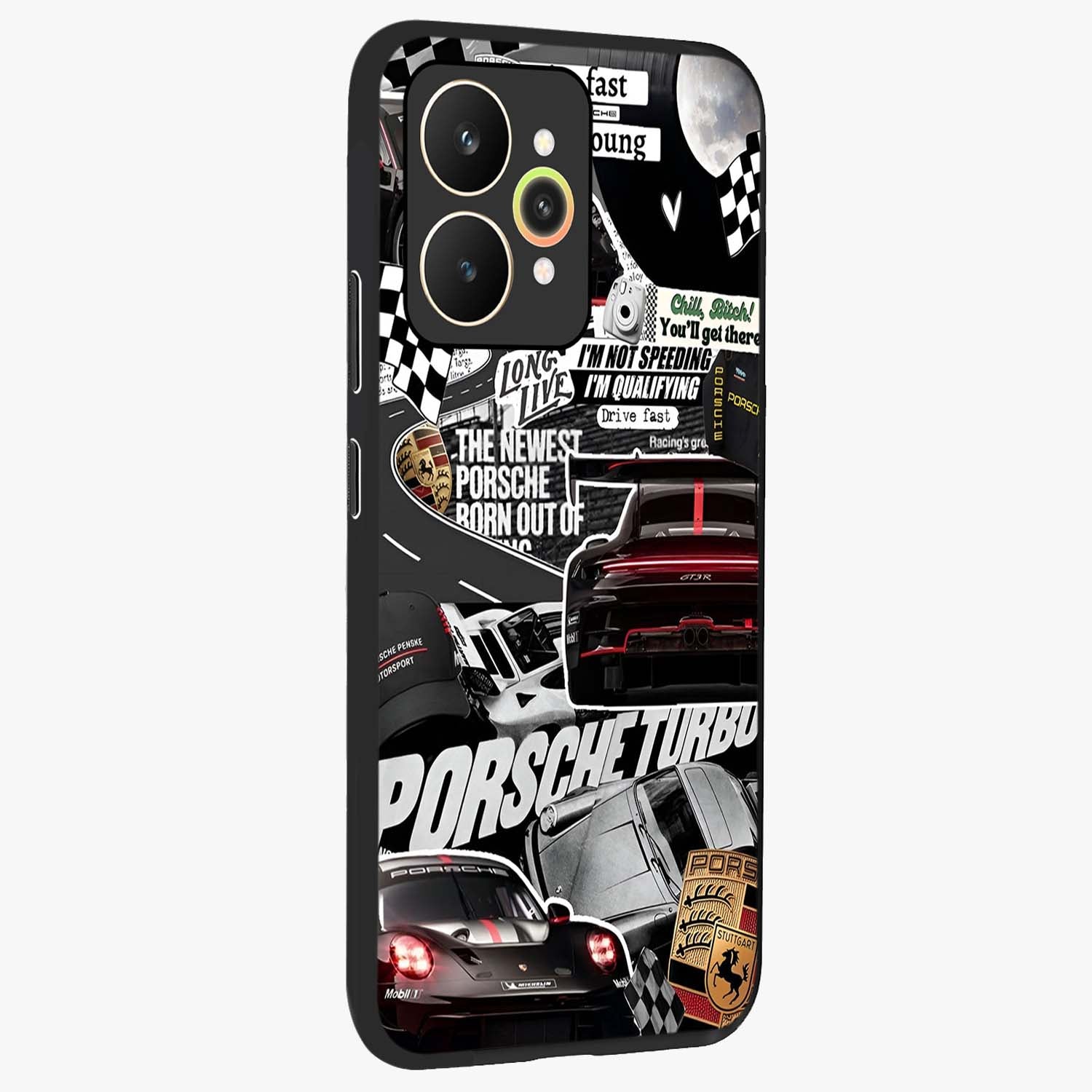 Porsche Racing Collage Glass Case upright view showcasing energetic car collage artwork with high speed racing theme.