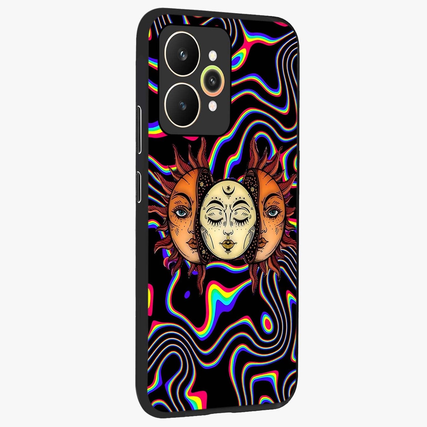 Psychedelic Sun Glass Case upright view showcasing trippy sun artwork with bold psychedelic theme.